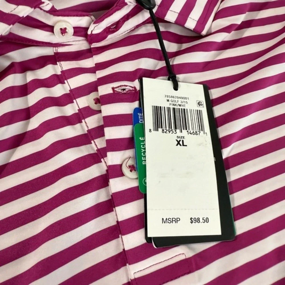 NEW RLX Ralph Lauren Mens XL Golf Performance Moisture Wicking Pink White Stripe